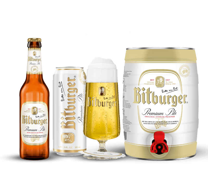 Bitburger Premium Pils gồm chai, lon, ly và bom 5L