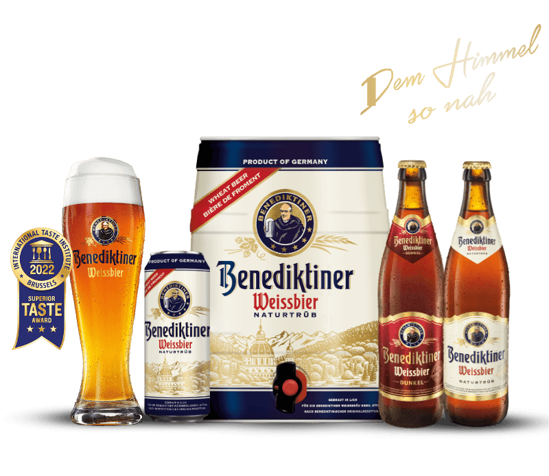 Benediktiner Weissbier gồm ly bia, chai, lon và bom 5L